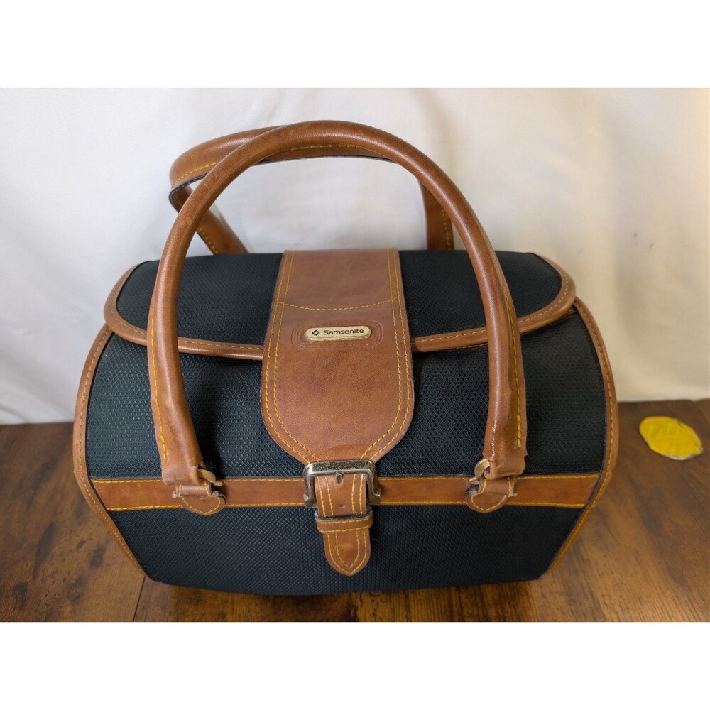 Vintage Samsonite Cosmetic Train Case Black Canvas Tan Vinyl Trim Vanity Bag
